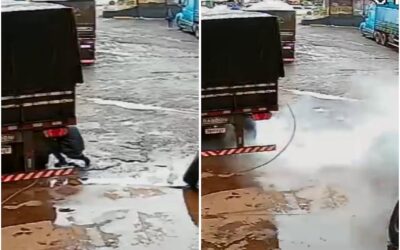 Borracheiro escapa por segundos de explosão enquanto calibrava pneu de caminhão em Santa Tereza do Oeste