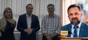 Francischinis assumindo a presidência do PL curitibano e o vereador Olimpio Araujo, ex-presidente do diretório local (Colagem)