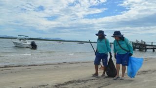 Trabalhadores da Sanepar realizam limpeza na Ilha das Peças — Foto: Governo do P