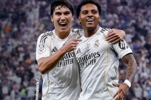 Foto: Reprodução/Instagram realmadridRodrygo comemora gol na vitória sobre o Atl