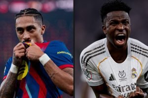 Raphinha e Vini balançaram as redes na Supercopa da Espanha — Foto: Reprodução /