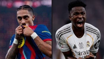 Raphinha e Vini balançaram as redes na Supercopa da Espanha — Foto: Reprodução /