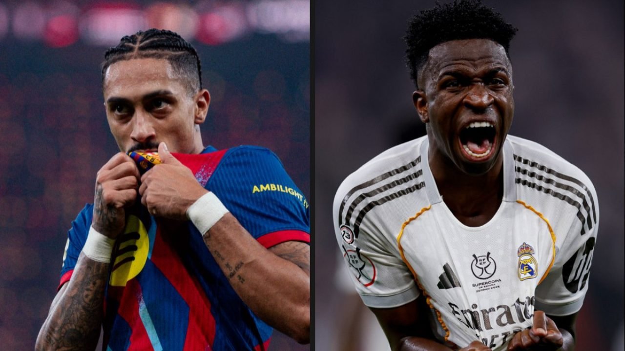 Raphinha e Vini balançaram as redes na Supercopa da Espanha — Foto: Reprodução /