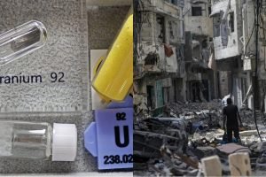 Foto: Montagem com imagem do elemento Urânio (dir.) e edifícios destruídos no Ir