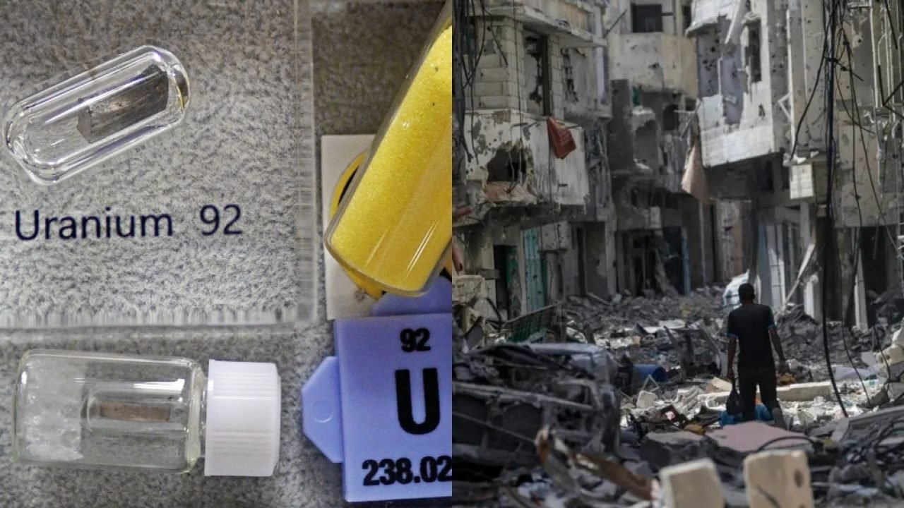 Foto: Montagem com imagem do elemento Urânio (dir.) e edifícios destruídos no Ir