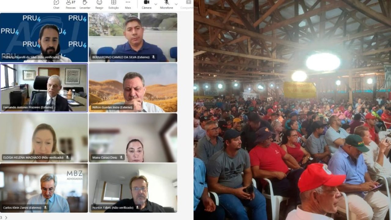 Audiência que firmou o acordo e pequenos agricultures durante encontro que tratou sobre a regularização das áreas de assentamento (Colagem)