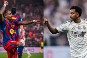 Foto: Reprodução @FCBarcelona / Reprodução @realmadridRaphinha e Rodrygo se enfr