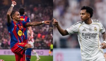 Foto: Reprodução @FCBarcelona / Reprodução @realmadridRaphinha e Rodrygo se enfr