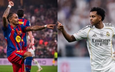 Foto: Reprodução @FCBarcelona / Reprodução @realmadridRaphinha e Rodrygo se enfr