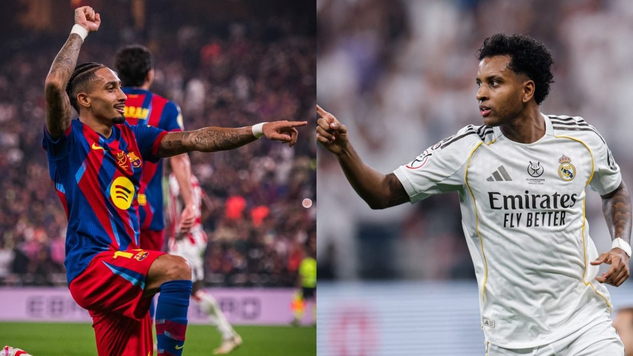 Foto: Reprodução @FCBarcelona / Reprodução @realmadridRaphinha e Rodrygo se enfr