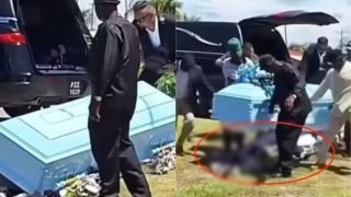 Foto: Não foi esclarecido por que a base do caixão cedeu. (Reprodução/Redes soci