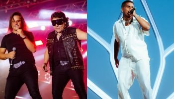 Duas fotos lado a lado. Cantores do Calcinha Preta e o cantor Gaab — Foto: 1 de