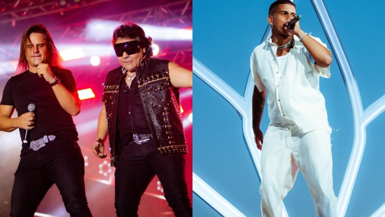 Duas fotos lado a lado. Cantores do Calcinha Preta e o cantor Gaab — Foto: 1 de