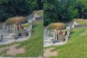 Casal é flagrado fazendo sexo em cima de túmulo, em cemitério — Foto: Casal é fl