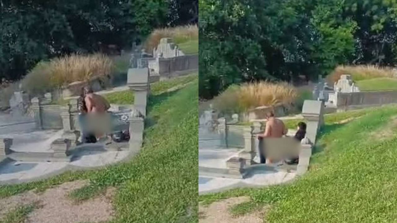Casal é flagrado fazendo sexo em cima de túmulo, em cemitério — Foto: Casal é fl