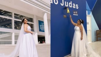 Foto: Durante as fotos, ela também tocou o tradicional sino da loja antes de seg