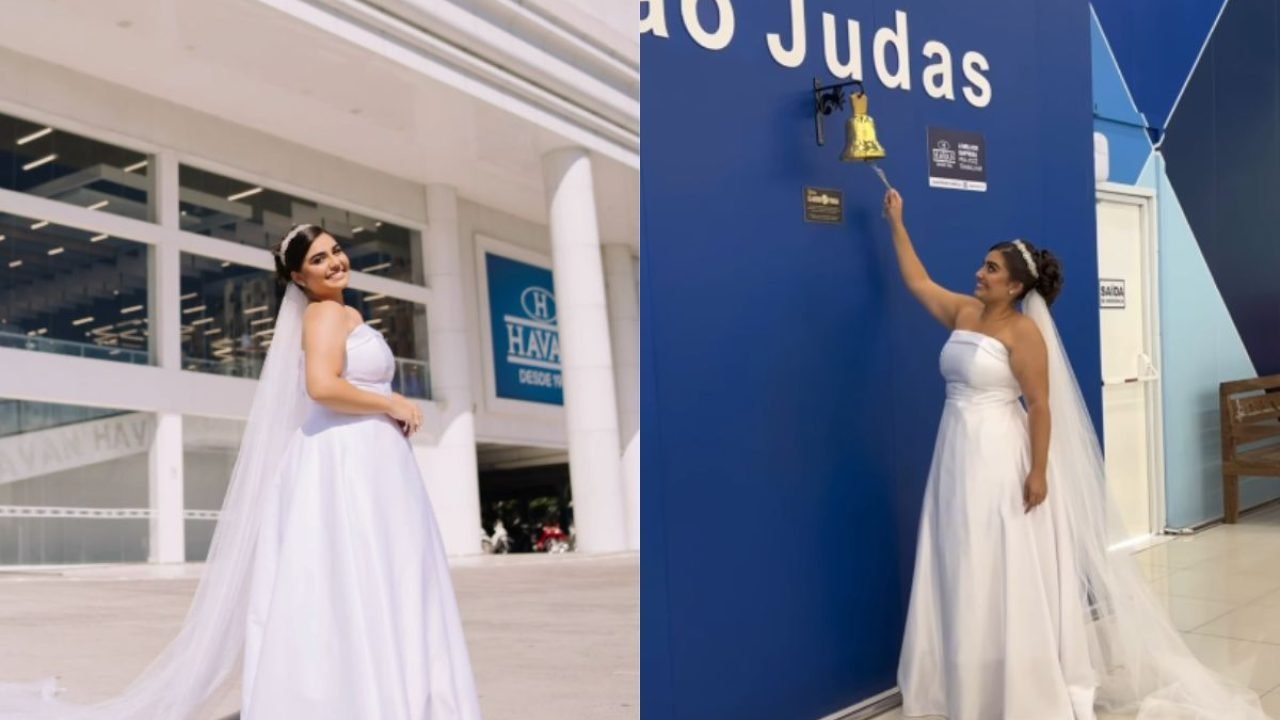 Foto: Durante as fotos, ela também tocou o tradicional sino da loja antes de seg