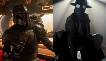 Montagem de imagens mostra cenas dos filmes O Mandaloriano e Grogu (à esq) — Fot