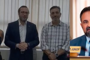 Francischinis assumindo a presidência do PL curitibano e o vereador Olimpio Araujo, ex-presidente do diretório local (Colagem)