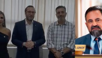 Francischinis assumindo a presidência do PL curitibano e o vereador Olimpio Araujo, ex-presidente do diretório local (Colagem)