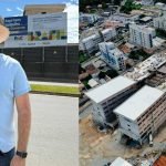 Deputado Federal Geraldo Mendes em frente à obra do novo Hospital e Maternidade de São José dos Pinhais (Colagem: Ascom/GM)