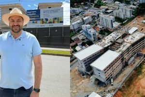 Deputado Federal Geraldo Mendes em frente à obra do novo Hospital e Maternidade de São José dos Pinhais (Colagem: Ascom/GM)