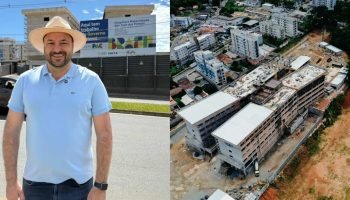 Deputado Federal Geraldo Mendes em frente à obra do novo Hospital e Maternidade de São José dos Pinhais (Colagem: Ascom/GM)