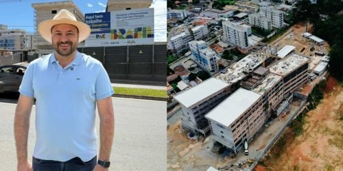 Deputado Federal Geraldo Mendes em frente à obra do novo Hospital e Maternidade de São José dos Pinhais (Colagem: Ascom/GM)