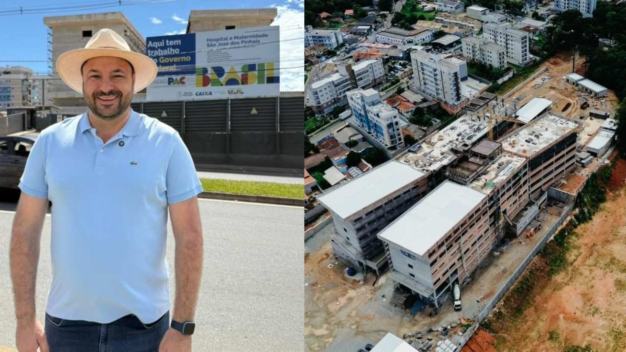 Deputado Federal Geraldo Mendes em frente à obra do novo Hospital e Maternidade de São José dos Pinhais (Colagem: Ascom/GM)