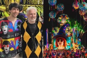 João Lee e Roberto de Carvalho ao lado de Carro alegórico em homenagem à Rita Le