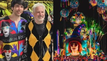 João Lee e Roberto de Carvalho ao lado de Carro alegórico em homenagem à Rita Le