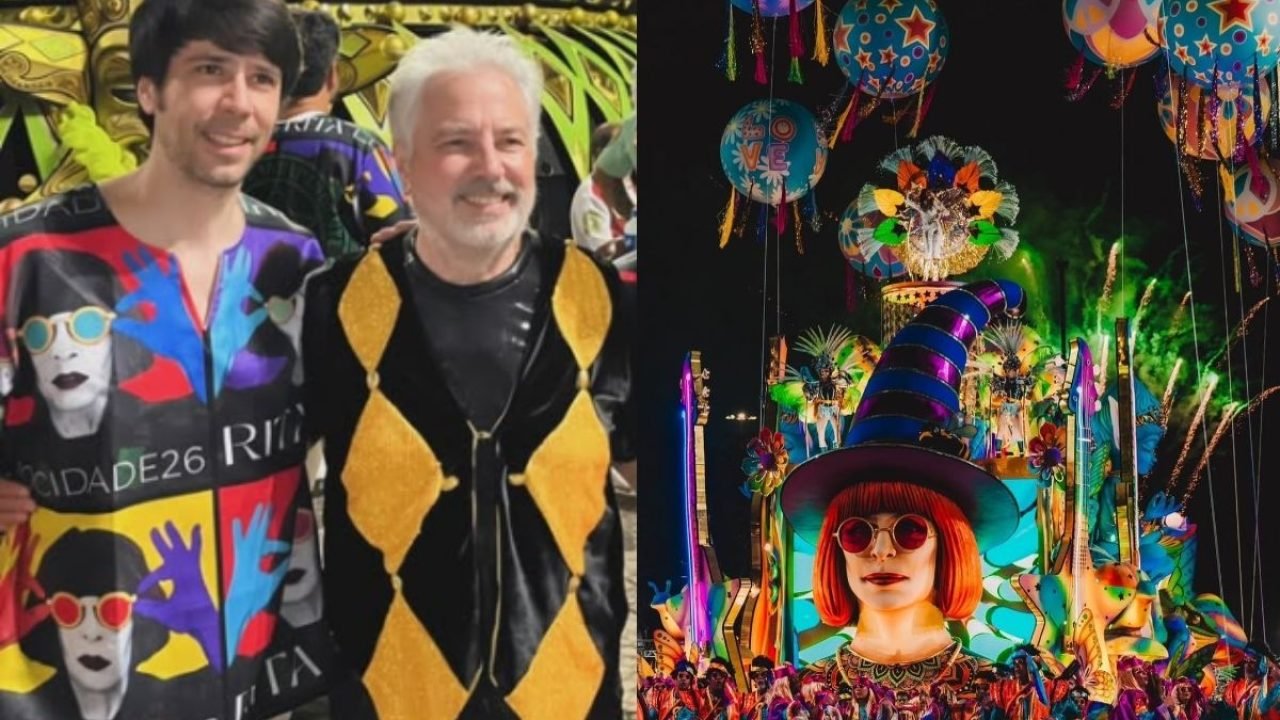 João Lee e Roberto de Carvalho ao lado de Carro alegórico em homenagem à Rita Le