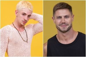 Montagem com fotos coloridas de Juliano Floss e Jonas, participantes do BBB 26 —