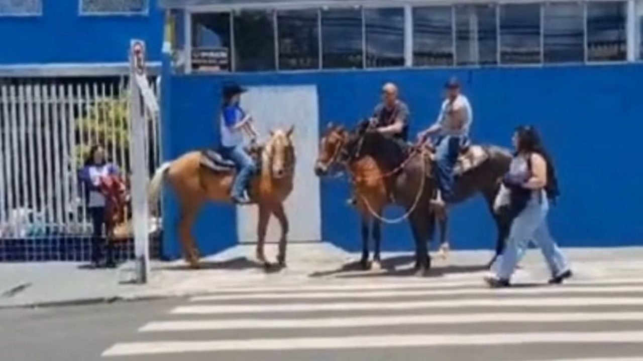 Pai busca filha a cavalo na escola — Foto: Reprodução/Redes Sociais