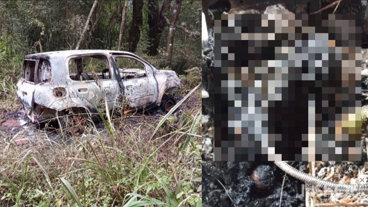 Veículo Fiat Uno foi encontrado carbonizado e com suspeita de um corpo dentro (Foto: Divulgação/Redes Sociais)