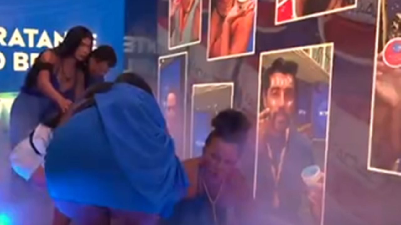 Imagem colorida mostra o momento da queda de Solange Couto no BBB 26 - Me — Foto