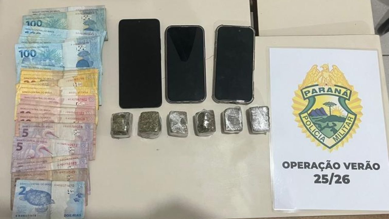 PMPR detém casal suspeito de tráfico de drogas em Guaratuba — Foto: Governo do P